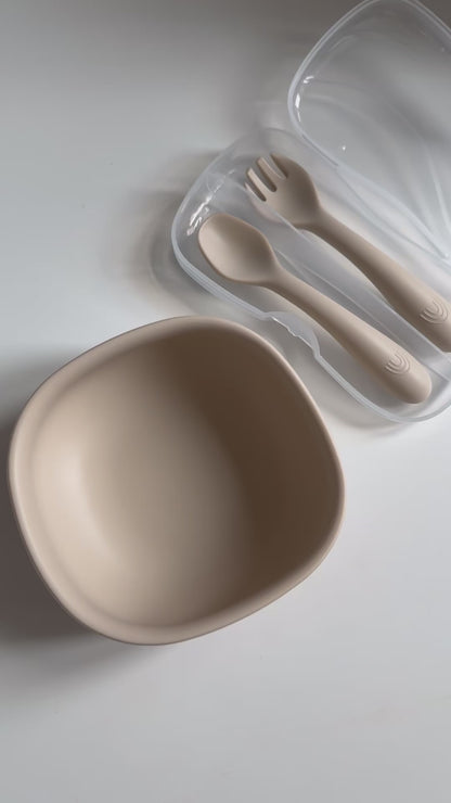 SET REPAS bol et cuillère + fourchette en silicone alimentaire - BEIGE